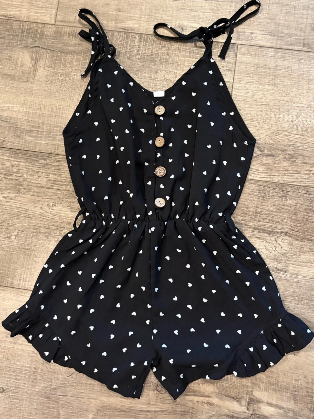 Black Heart Print Button-Front Romper
